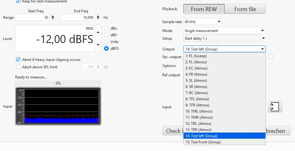 REW measurement dialog with the Conebo Driver output list showing individual Atmos speakers and speaker groups