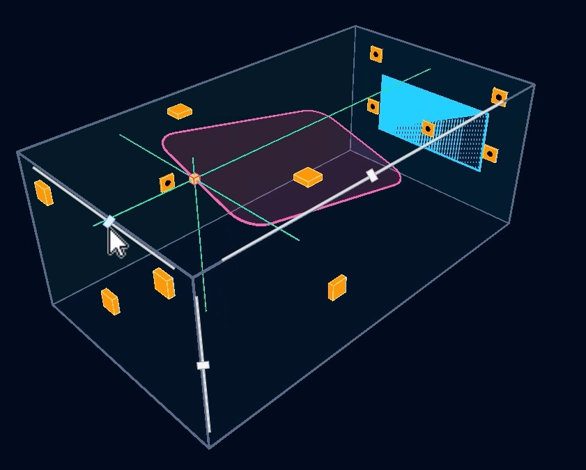 3D room with a Dolby Atmos sound object moving along a user-defined path between speakers