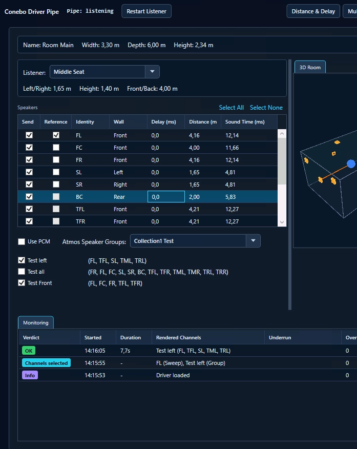 Conebo Driver configuration with room dimensions, listener position, speaker list, speaker groups and timing monitor