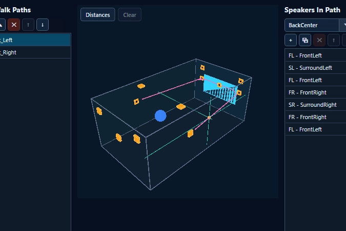 3D room with an Atmos object walking along a user-defined sequence of speakers