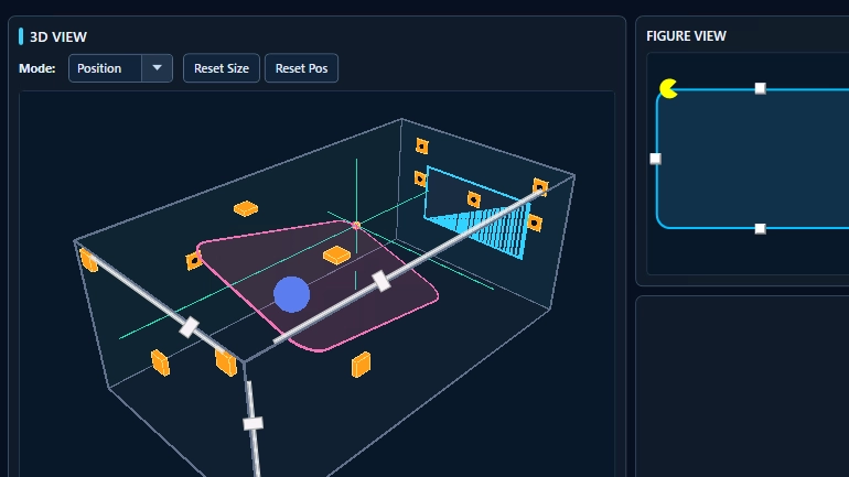 Conebo 3D Sound Walker Moving Objects test: 3D view of a home theater with speakers and a sound path, next to three 2D views with start point, end point and current object position.