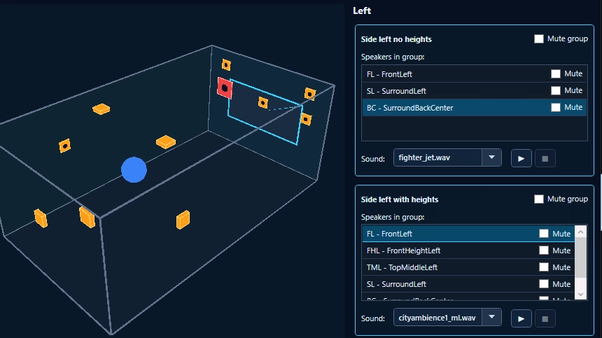 Conebo 3D Sound Walker Speaker Groups test: 3D view of a home theater with the speakers of the selected group highlighted, next to the list of speaker groups.